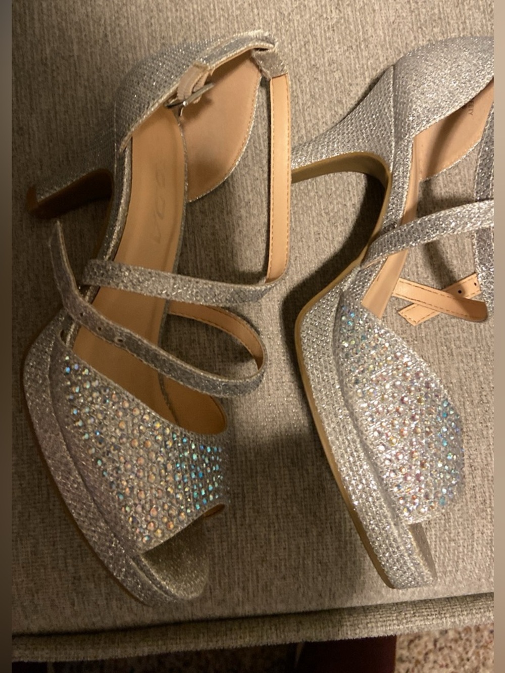 Silver Glitter Platform Dress Sandals with Rhinestones